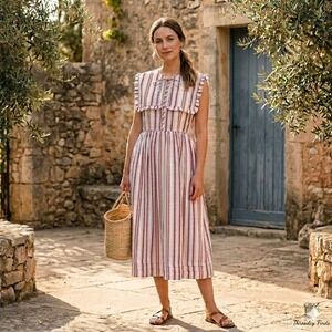 Damson Madder Stripe Midi Dress Womens 6 Red Blue White Ruffle Collar Sleeveless